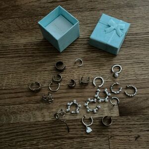 Assortment of Ear Cuffs Silvertone, some with White beads and Gift Box